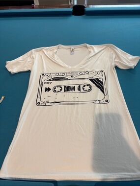 Go Couture White V-Neck Tee with Black Cassette Graphic